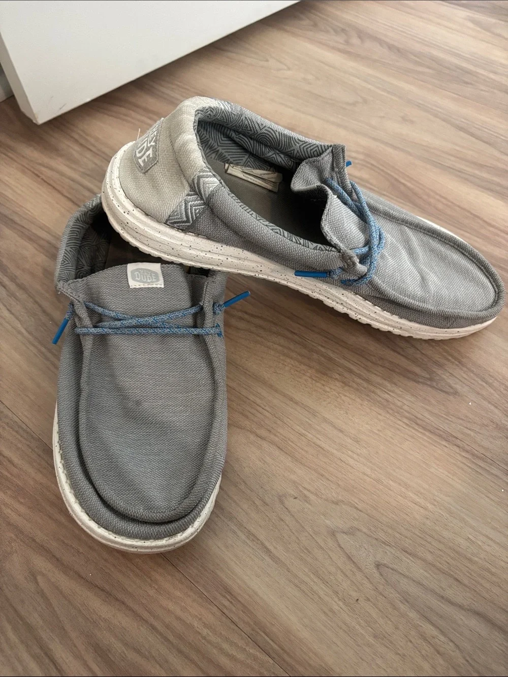 Hey Dude Gray Canvas Slip-Ons with Blue Laces M10